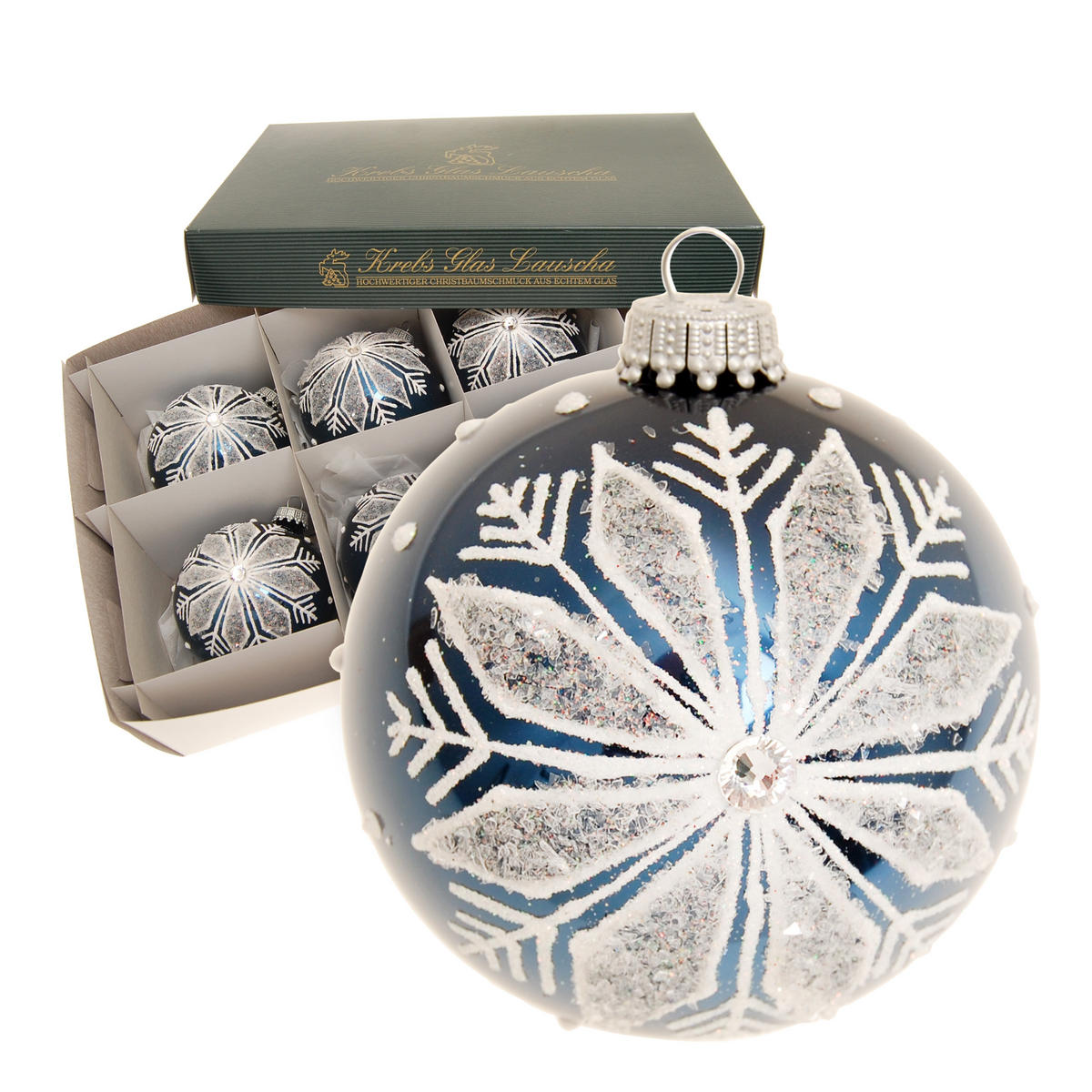 CHRISTBAUMKUGELN Schneeflocke mit Strass Blau 8cm (Glas / 6 Stk.) - Blau, Glas (8/8/8cm) - Krebs Glas Lauscha