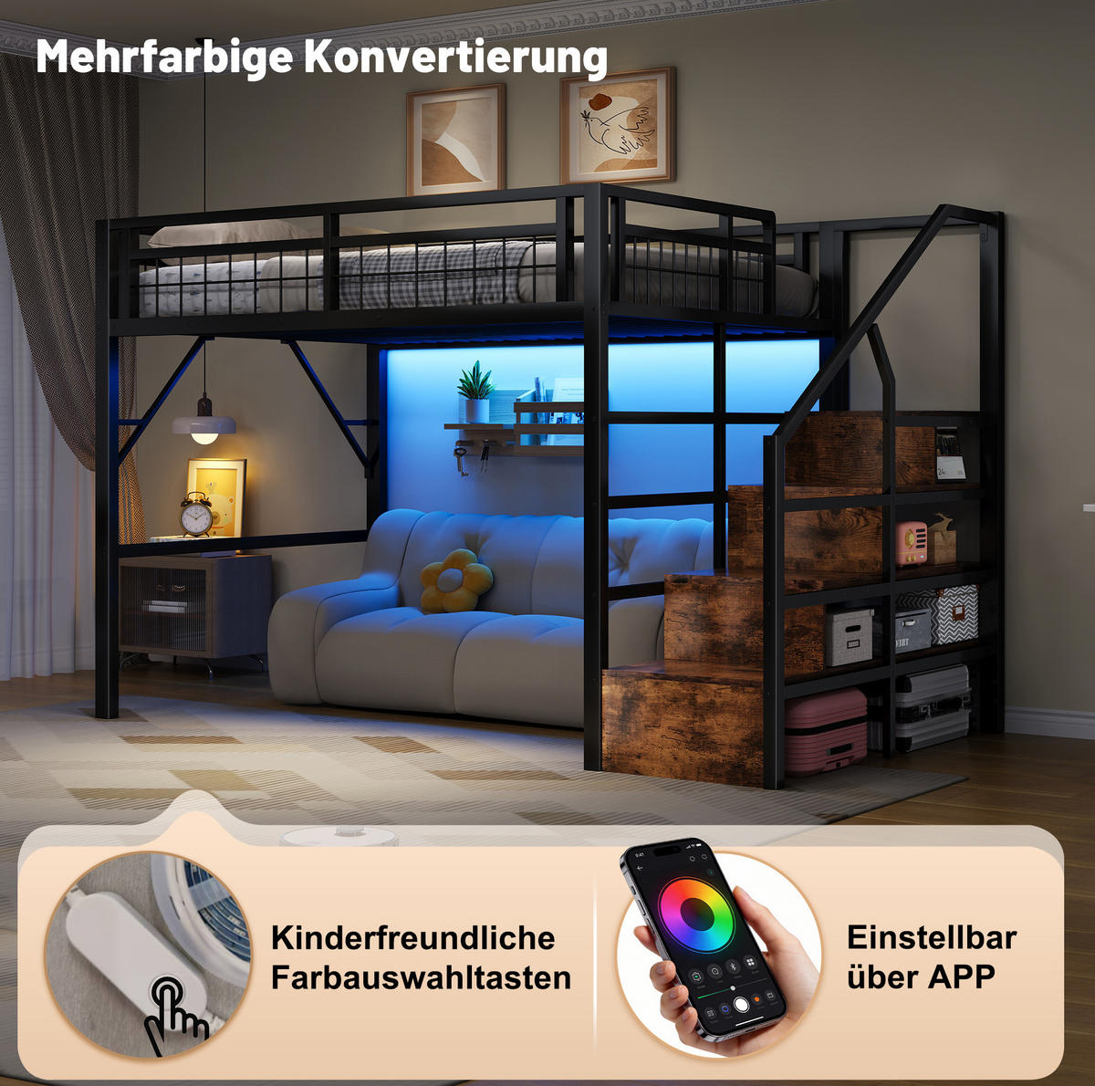 HOCHBETT 140/200 cm mit LED-Lichtleiste, Stauraumtreppe und offenem Freiraum, Schwarz - Schwarz, Metall (140/200cm) - Redom