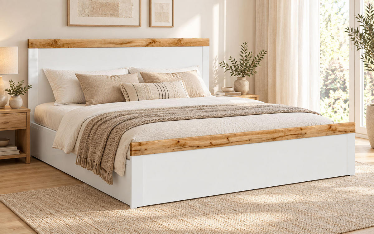 BETT Holten weiß / Eiche Wotan 189 / 200 / 100,5cm - Eichefarben/Weiß, Holz/Holzwerkstoff (180/200cm) - Feldmann-Wohnen