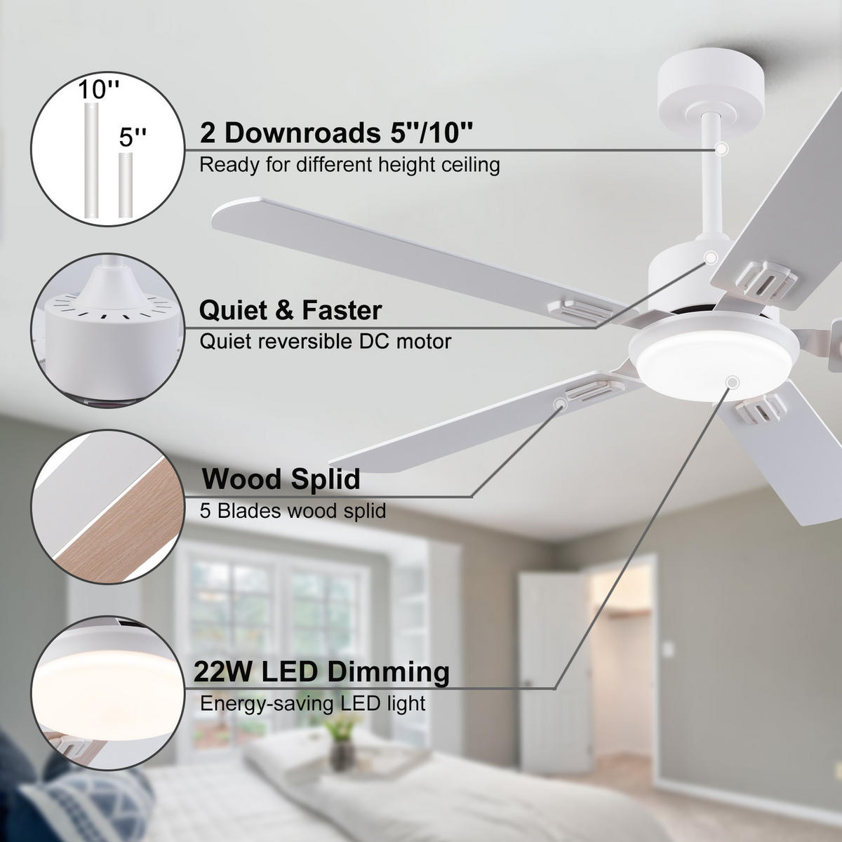 DECKENVENTILATOR 52Zoll LED Licht 5 Flügel Doppelfinish Weiß Holz - Weiß, Kunststoff (132/132/45cm) - CASIVA