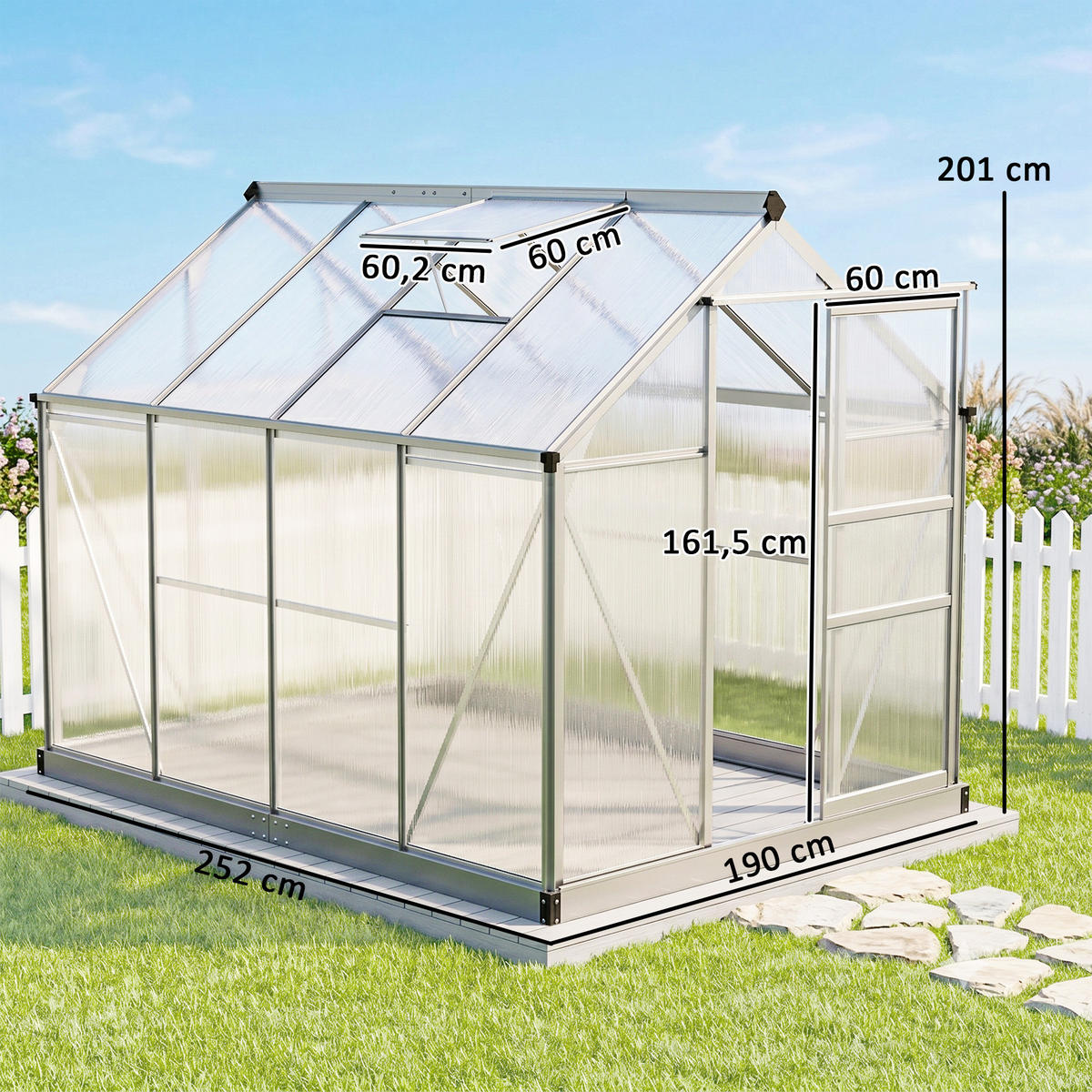GEWÄCHSHAUS Aluminiumlegierung Polycarbonat Silber - Silberfarben, Metall (252/201/190cm) - Outsunny