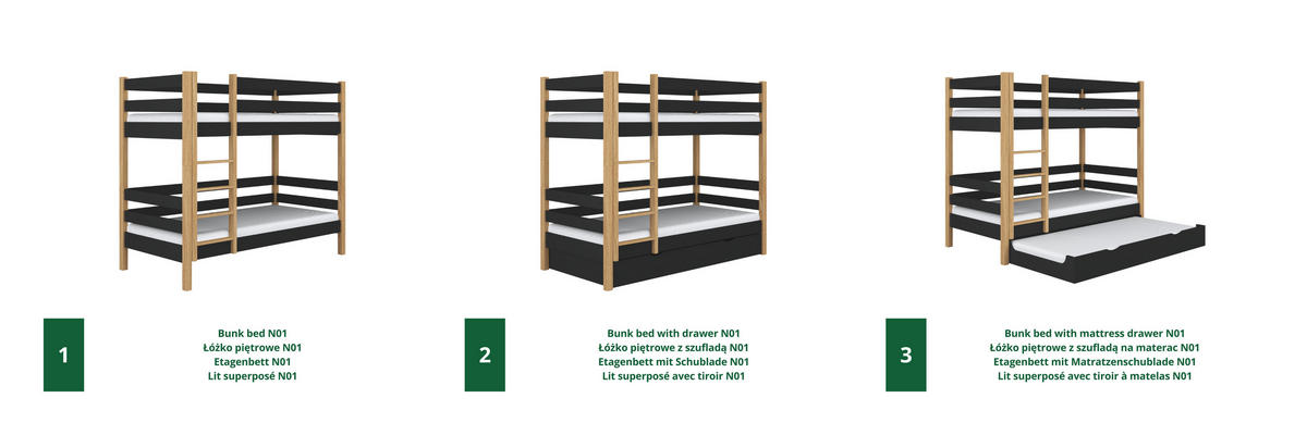 ETAGENBETT N01 Schwarz / Eiche Natur 80/190 - Schwarz/Eiche Artisan, Naturmaterialien/Holz (80/190cm) - N-Wood