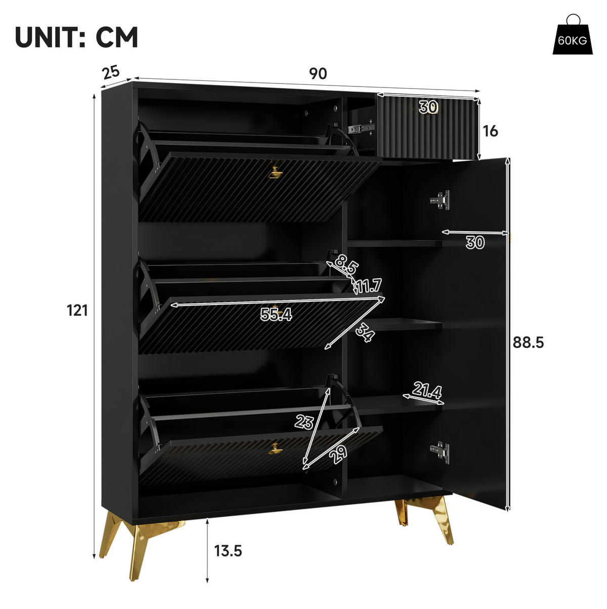 SCHUHSCHRANK mit 3 Klappen, 1 Schublade und 1 Tür 90 x 25 x 121 cm Schwarz - Schwarz, Holzwerkstoff (25/121/90cm) - Beauniv