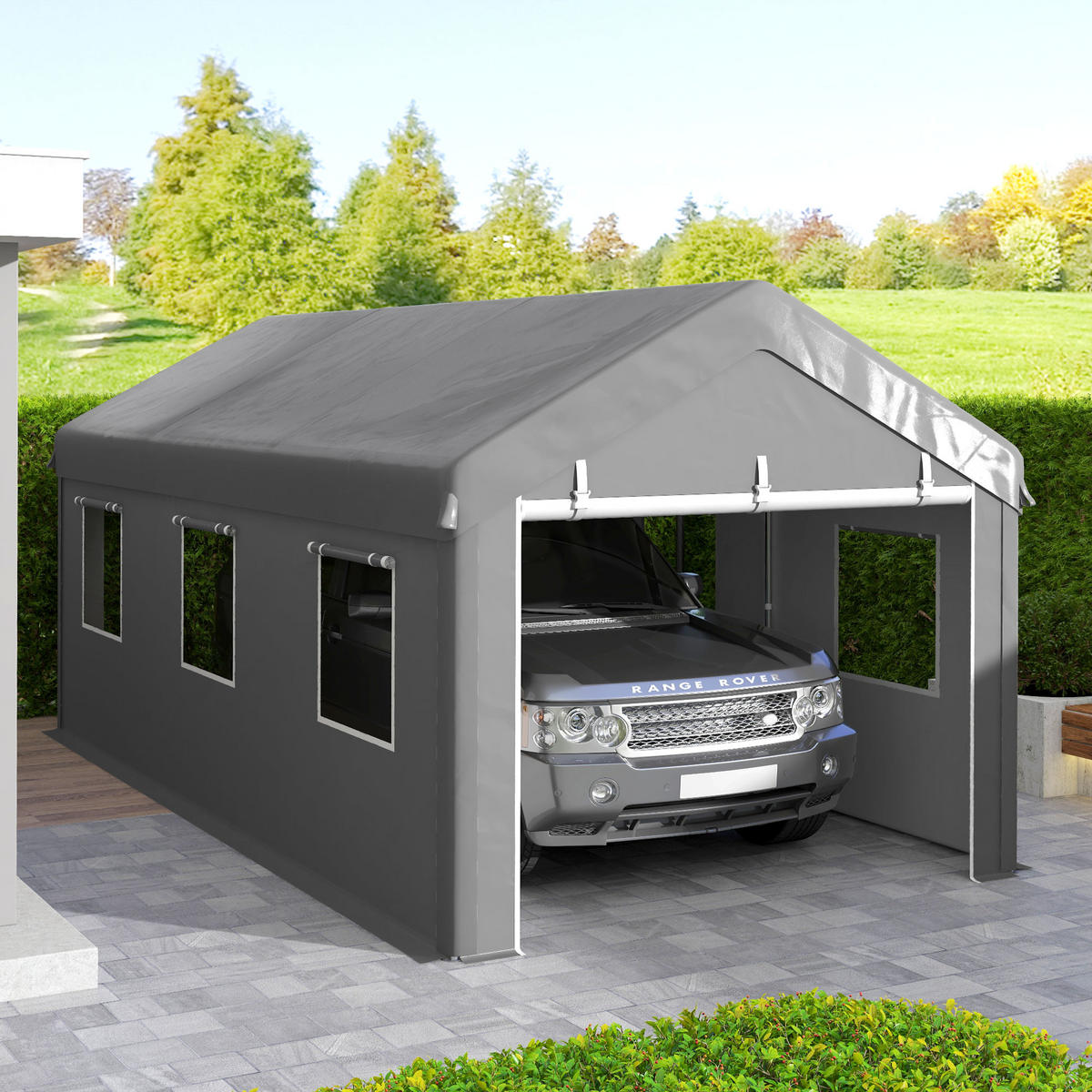 CARPORT DE-12609 600/295/278 cm 160 g/m² mit 2 Rolltüren und 6 Fenstern Grau - Hellgrau, Kunststoff (295/278/600cm) - ComfortXL
