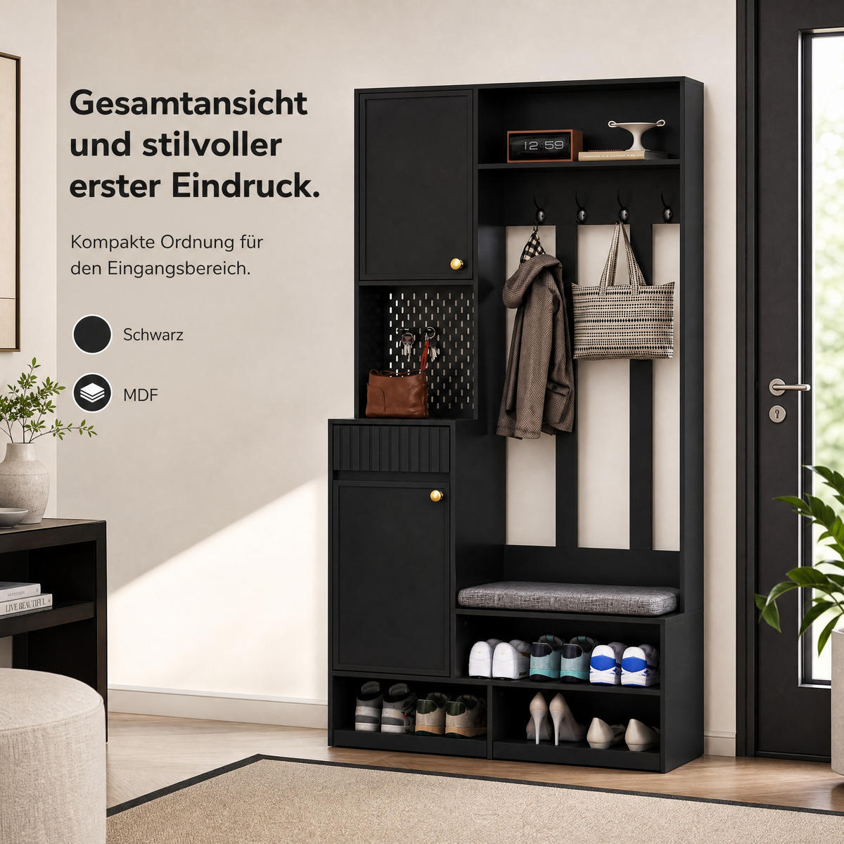 GARDEROBE 100/180/35 cm Schwarz aus MDF mit Sitzbank - Schwarz/Grau, Holzwerkstoff (35/180/100cm) - OKMYHOME