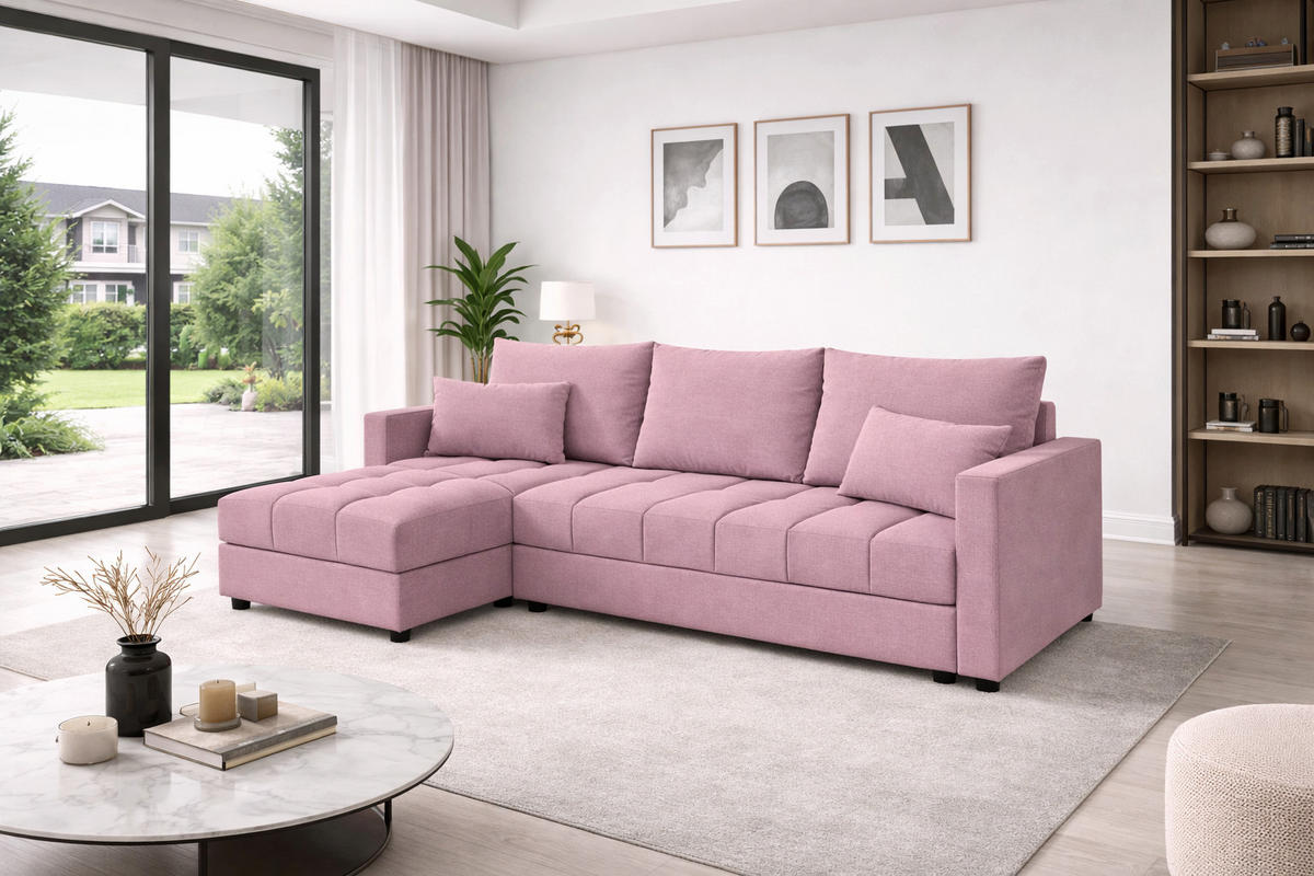 WOHNLANDSCHAFT AURELIA– Ecksofa in L-Form mit Schlaffunktion Bettkasten & Kissen Stoff KRONOS 226 cm Rosa - Rosa, Kunststoff (226/140cm) - Wohnideebilder