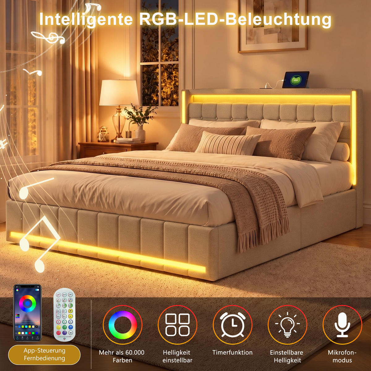 POLSTERBETT 140x200 cm,Doppelbett 140x200 mit 4 Schubladen, LED und Ladefunktion - Beige/Naturfarben, Holz/Textil (140/200cm) - PARAFTA HOME