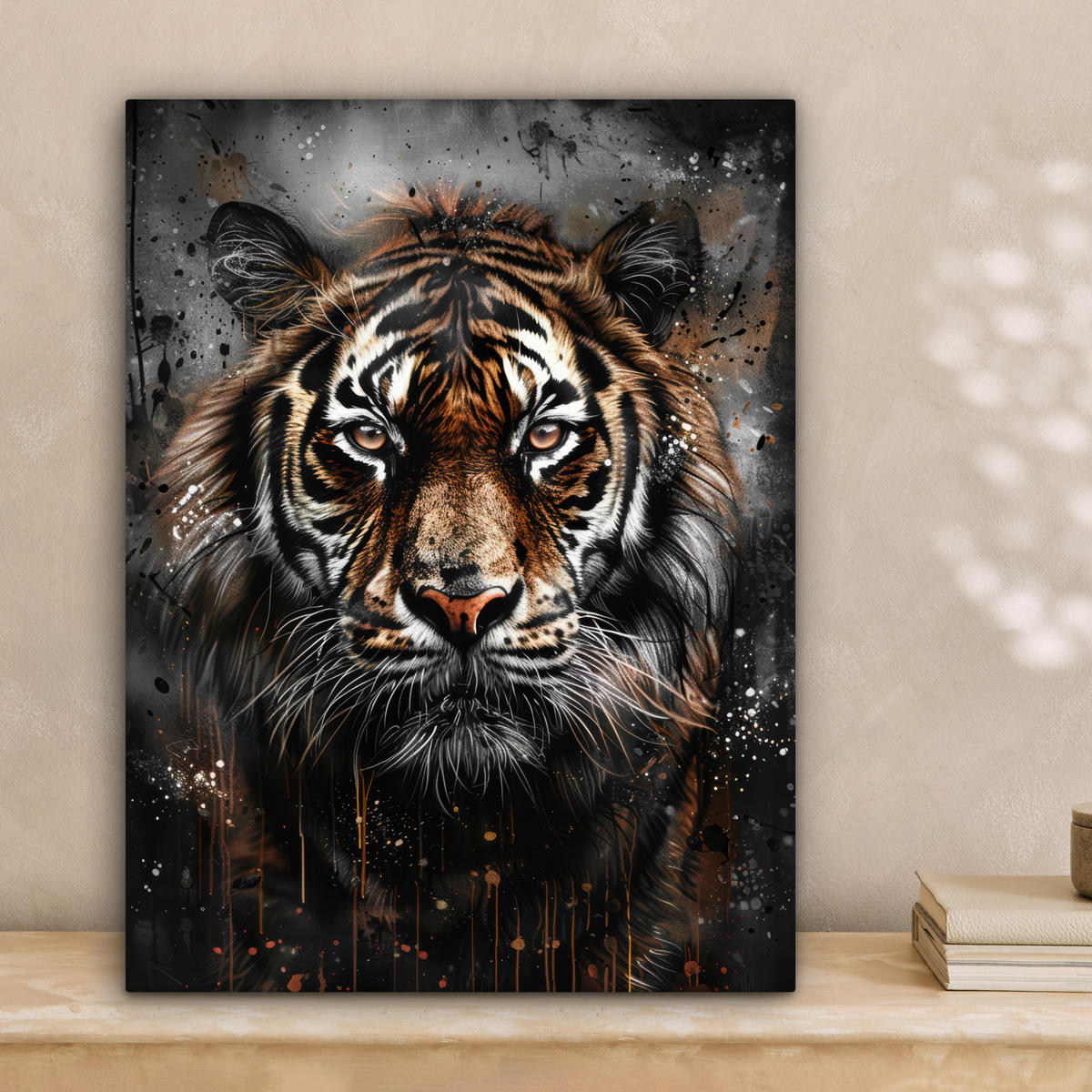 LEINWANDBILD Tiger - Tiere - Porträt - Luxus - Schwarz 30x40 cm - Anthrazit, Textil (30/40cm) - MuchoWow