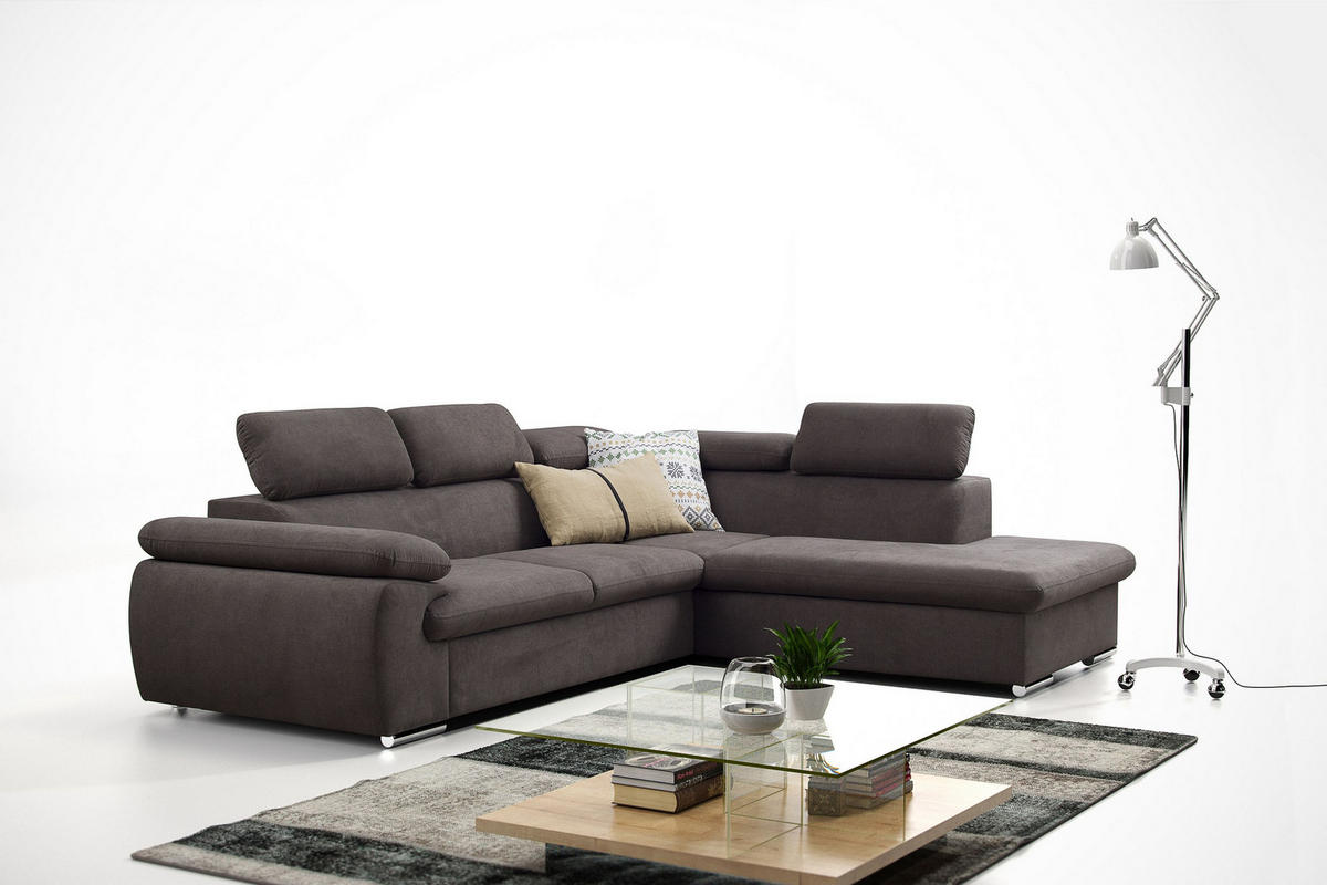 ECKSOFA SACRO Braun Plüsch-Stoff mit Schlaffunktion - Braun, Holz (271/221cm) - MASSENO