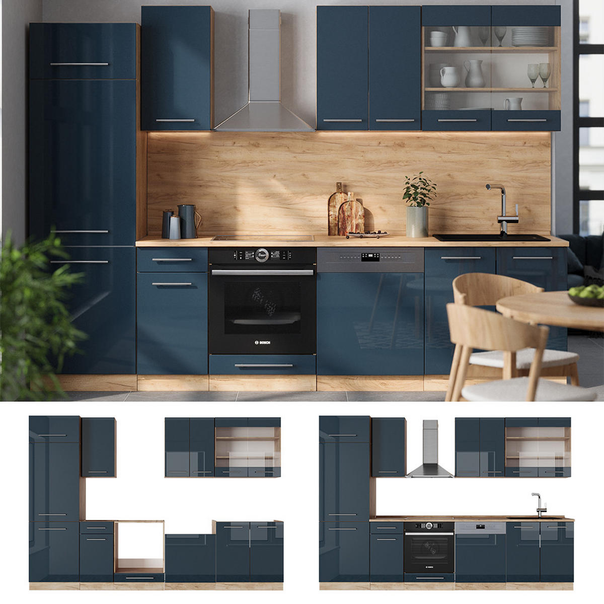 KÜCHENZEILE Fame-Line Dunkelblau Hochglanz/Goldkraft Eiche 300 cm AP Marmor - Eiche Wotan/Dunkelblau, Holzwerkstoff (300/81.6/60cm) - Vicco