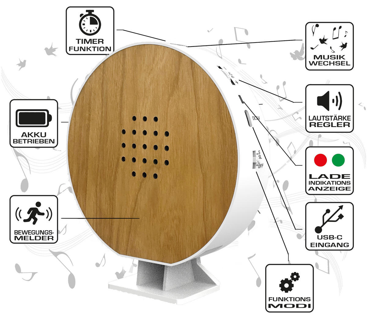 NATURGERÄUSCHEBOX - Echtholz mit Bewegungsmelder und LED-Beleuchtung für entspannende Klänge, Rund Kirschholz - Kirschbaumfarben, Holz (4.1/13/14.5cm) - Northpoint