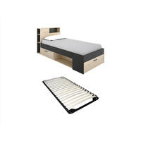 BETT mit Kopfteil, Stauraum & Schublade + Lattenrost - 90 x 190 cm - Anthrazit und Holzfarben - LEANDRE - Anthrazit, Holz (90/190cm) - Vente-Unique