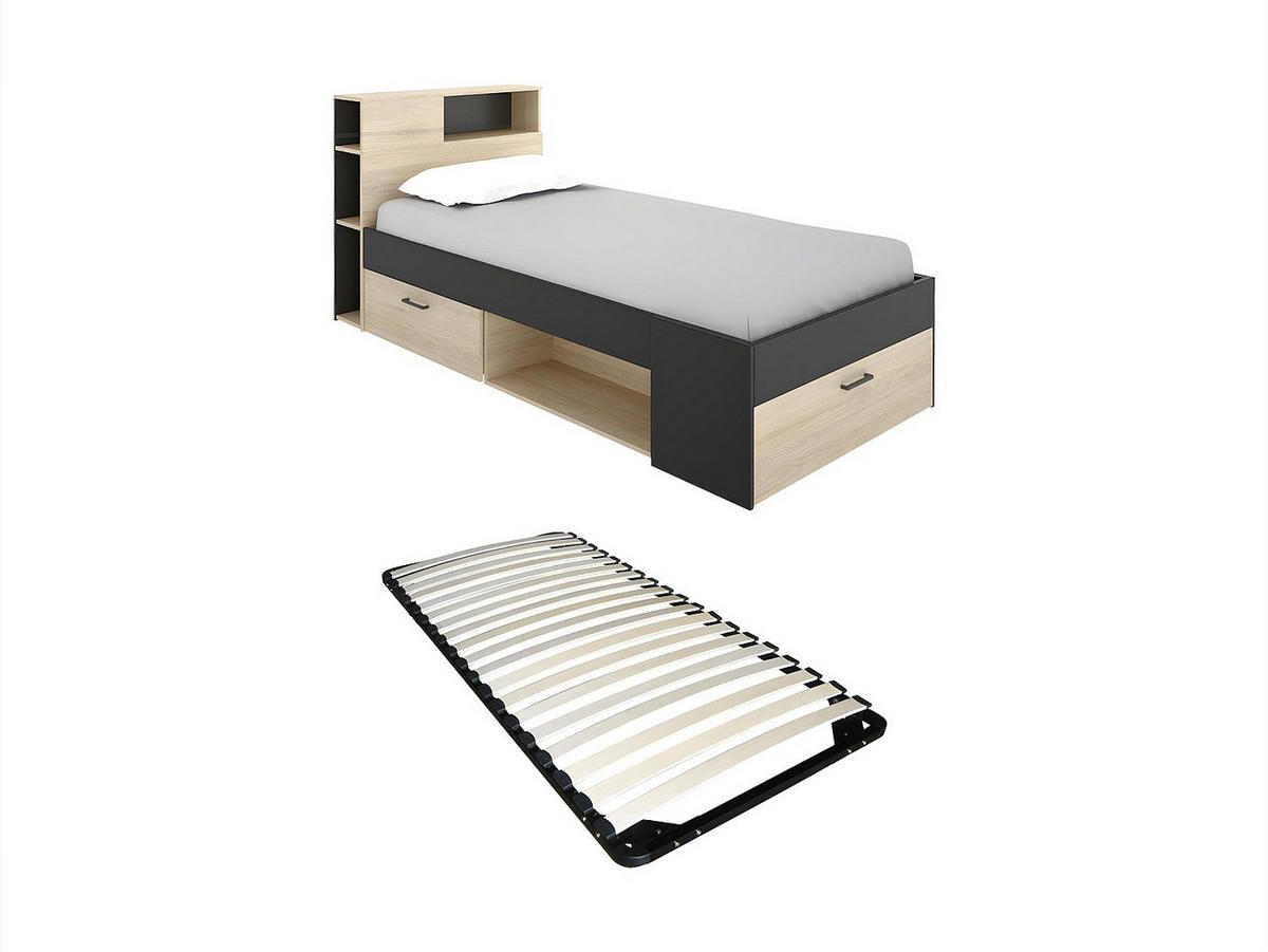 BETT mit Kopfteil, Stauraum & Schublade + Lattenrost - 90 x 190 cm - Anthrazit und Holzfarben - LEANDRE - Anthrazit, Holz (90/190cm) - Vente-Unique