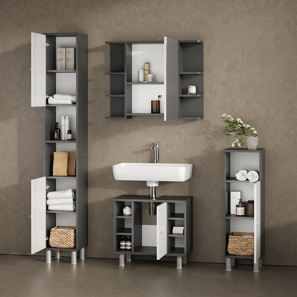 BADMÖBEL-SET Fucino Anthrazit 4 Teile - Weiß Hochglanz/Anthrazit, Holzwerkstoff (60/54/32cm) - Livinity®