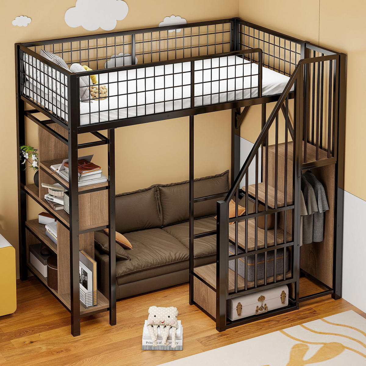HOCHBETT 90/200 cm, schwarz mit Stauraumtreppe für kleine Räume - Schwarz, Metall (90/200cm) - MIVRAY