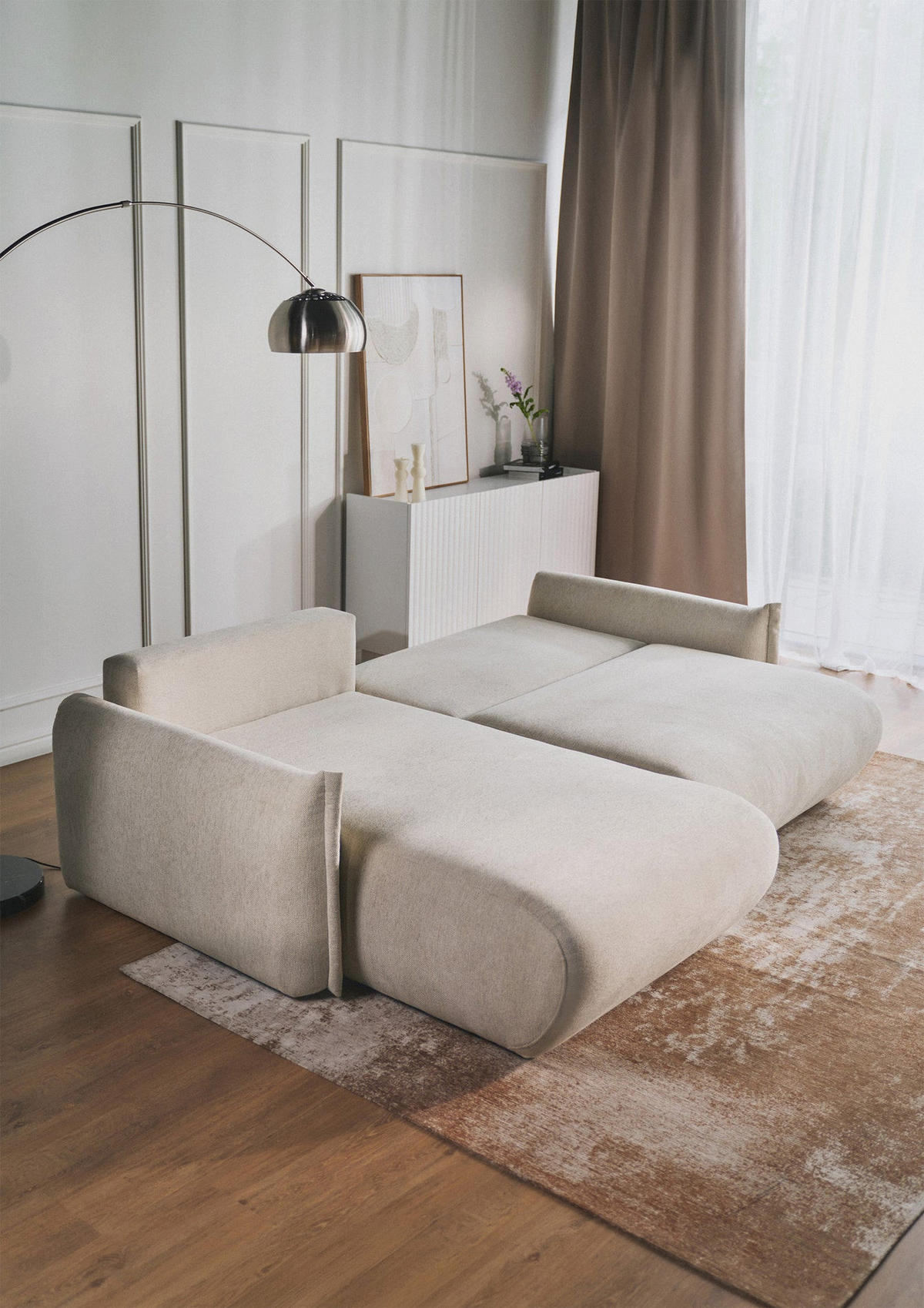 ECKSOFA Cushi Hellbeige-Chenille - Ecru/Schwarz, Kunststoff/Textil (252/183cm) - Selsey