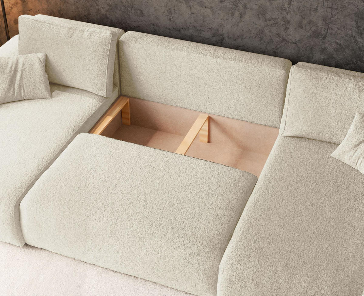 WOHNLANDSCHAFT Pianoni Creme Bouclé-Bezug - Creme/Schwarz, Kunststoff/Textil (312/83/140cm) - Selsey