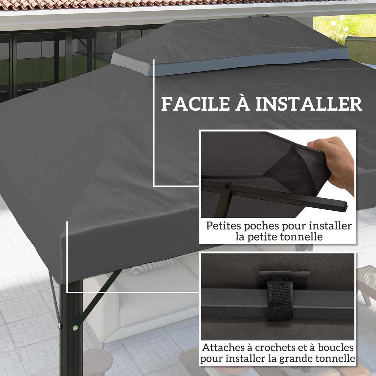ERSATZDACH, 4x3 m für Pergola, Doppeldach, Polyester 370 g/m², grau, Ablauflöcher - Multicolor, Textil (400/300cm) - FORIOUS