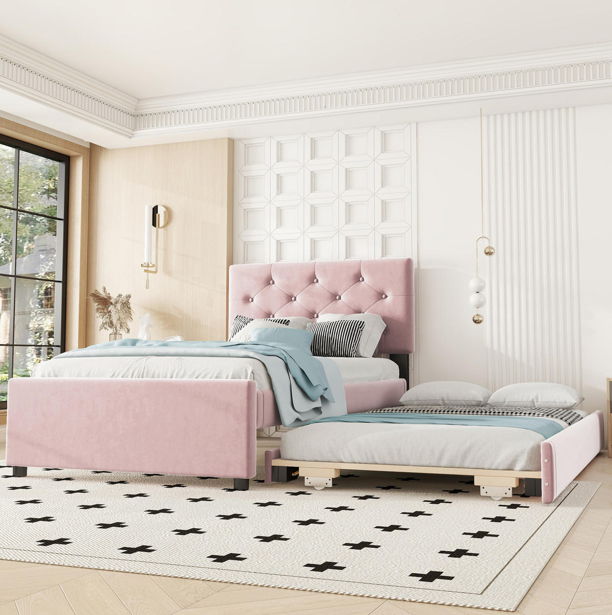 POLSTERBETT 90/200 cm Rosa aus Samt mit Rollbett - Rosa, Textil (90/200cm) - OKMYHOME