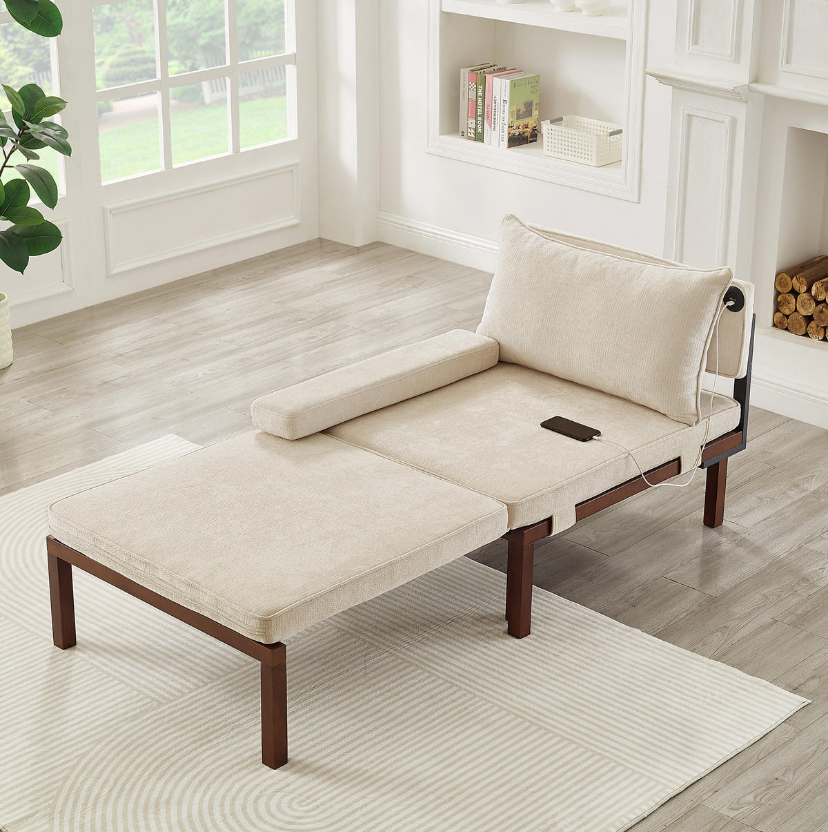 SCHLAFSESSEL mit Schlaffunktion, ausziehbar mit USB- und Type-C-Anschluss, platzsparendes 2-in-1-Design, Beige - Beige, Textil (82/79/176cm) - Redom