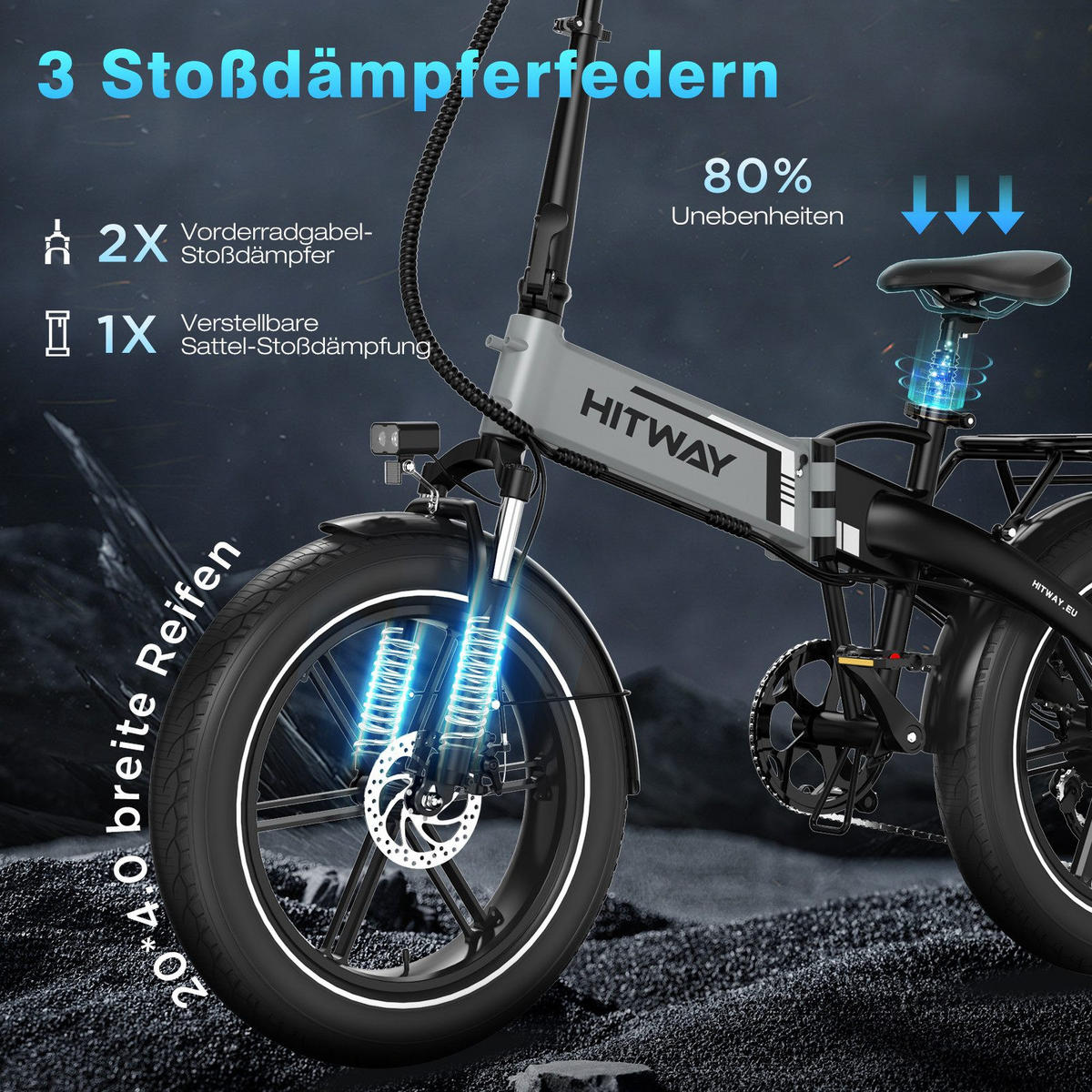E-BIKE Klapprad BK10S1 20"×4.0", 624 Wh, 7-Gang, Aluminiumrahmen - Grau, Metall (38cm) - HITWAY