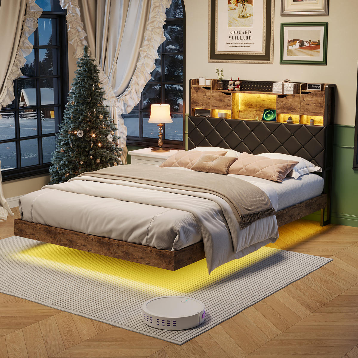 POLSTERBETT 140x200 cm mit LED & USB, Doppelbett mit Kopfteil Stauraum, Schwebebett Holzoptik Metall - Schwarz, Metall (140/200cm) - EuroLiving