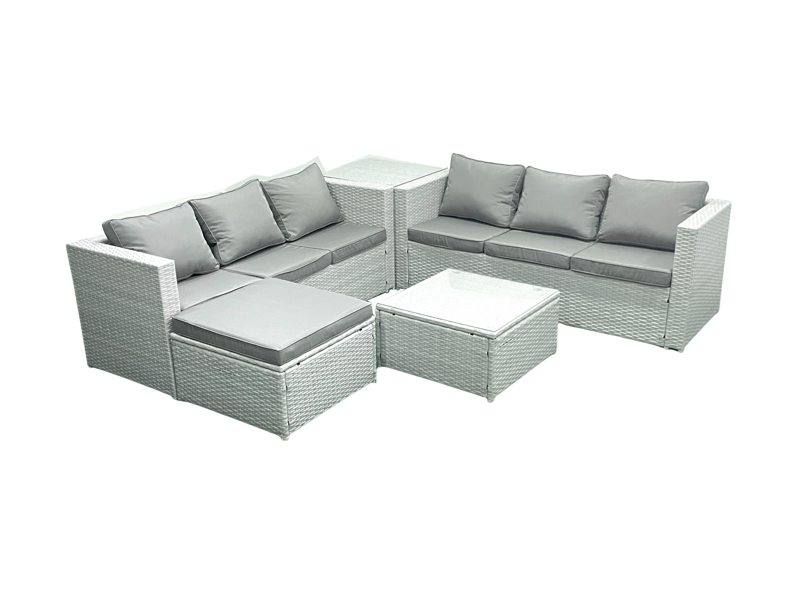 GARTENMÖBEL-SET mit Kissen Polyrattan Hellgrau-Mix 7-Sitzer - Hellgrau/Grau, Glas/Kunststoff - Fimous