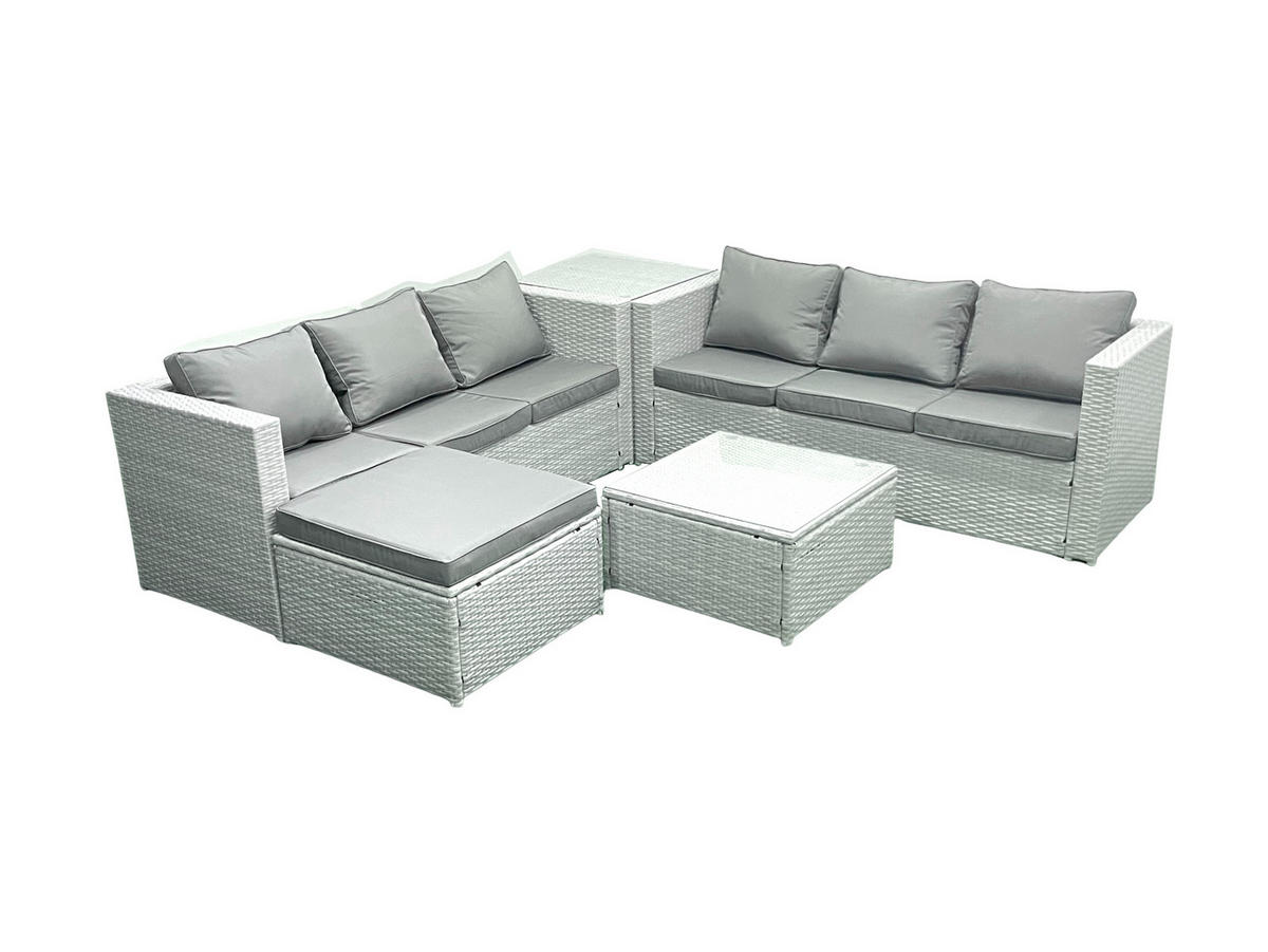 GARTENMÖBEL-SET mit Kissen Polyrattan Hellgrau-Mix 7-Sitzer - Hellgrau/Grau, Glas/Kunststoff - Fimous