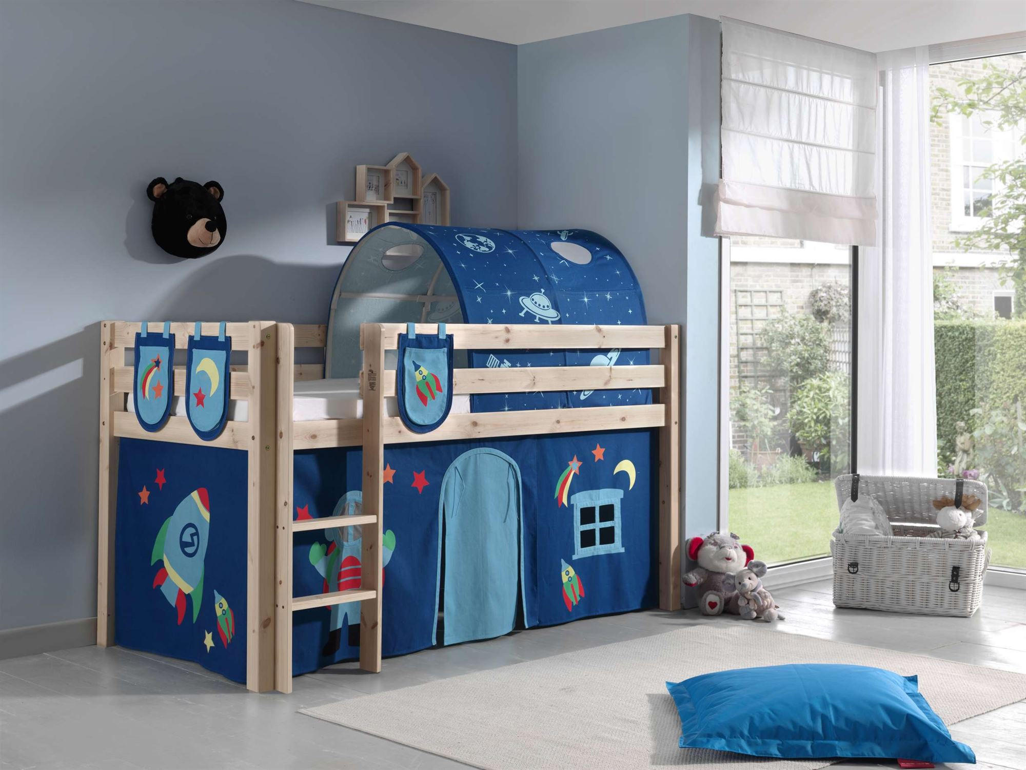 KINDERBETT Karolina 210x114x106 Massivholz Natur Textilset Astro 4 - Blau/Kieferfarben, Holz (90/200cm) - 58aufmkessel