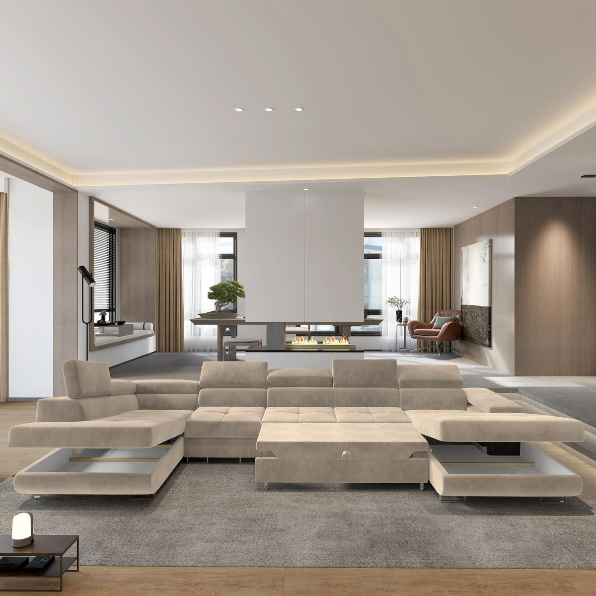 WOHNLANDSCHAFT VELORA L-S Creme Velours-Stoff mit Schlaffunktion - Creme, Holz (419/90/202cm) - MASSENO