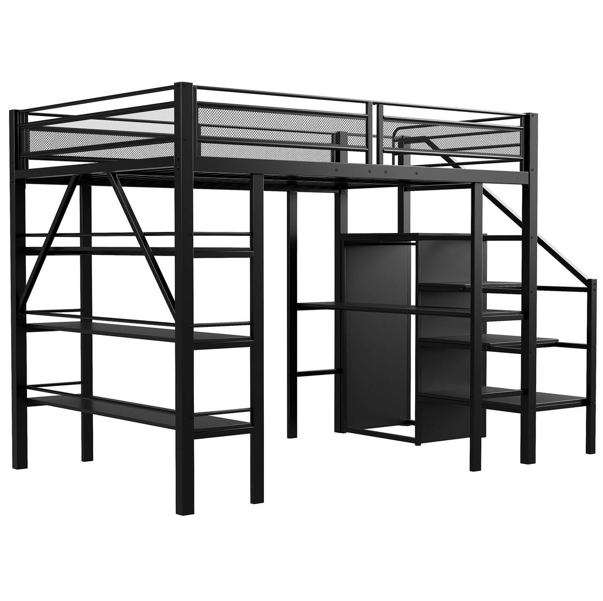 HOCHBETT 140/200 cm in Schwarz mit Schreibtisch, Regal und Kleiderschrank - Schwarz, Metall (140/200cm) - Flora Grace