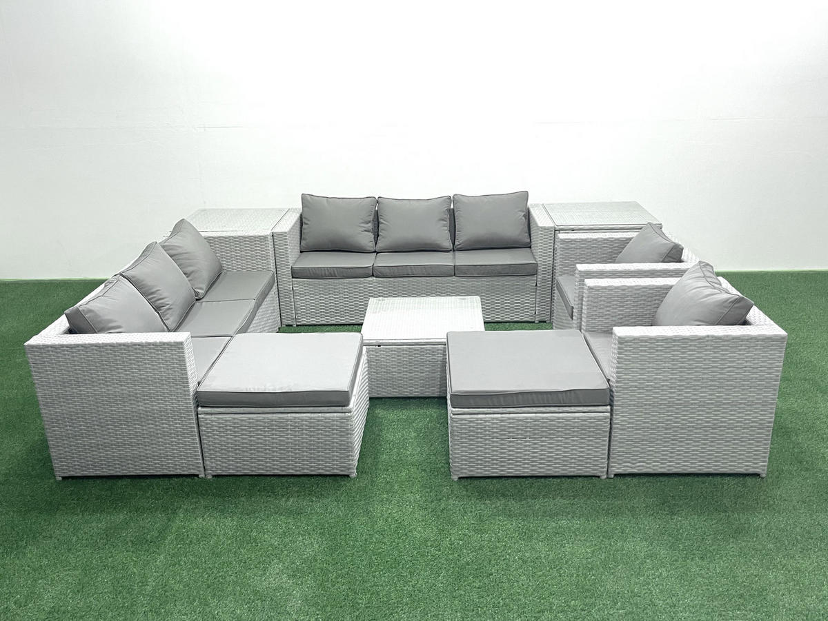 GARTENMÖBEL-SET mit Kissen Polyrattan Hellgrau-Mix 10-Sitzer - Hellgrau/Grau, Glas/Kunststoff - Fimous