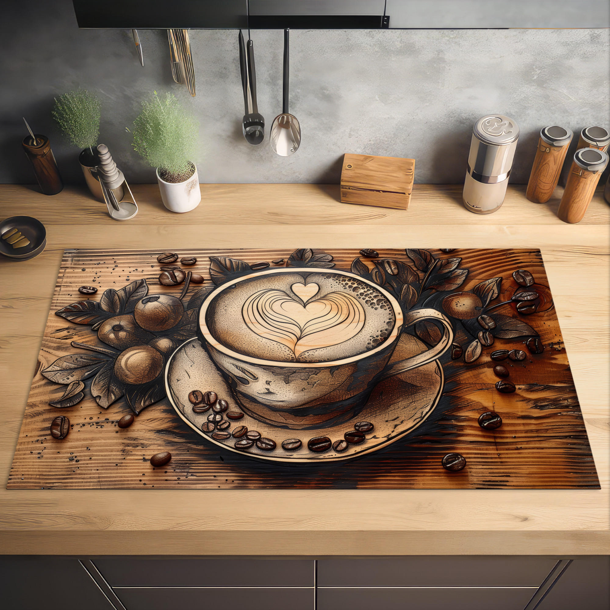 HERDABDECKPLATTE Kaffee - Vintage - Braun - Tasse - Holz 91x52 cm - Cappuccino, Kunststoff (91.2/0.2/52cm) - MuchoWow