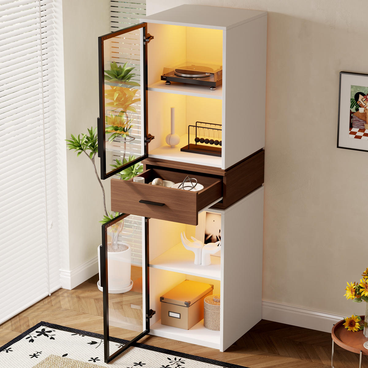 HIGHBOARD mit Glastüren und LED 40/40/200 cm in Weiß mit Schublade - Weiß, Holzwerkstoff (40/200/40cm) - BEAOK