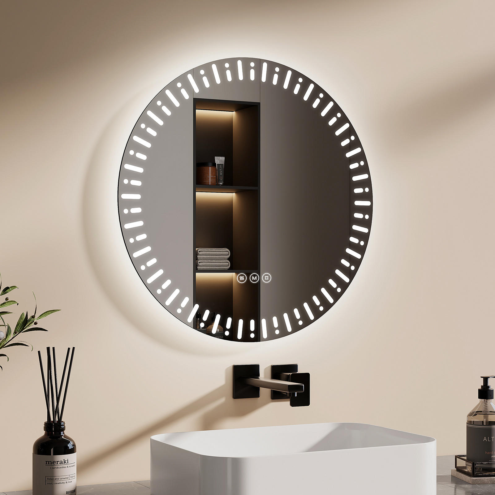 BADSPIEGEL Runder mit Beleuchtung mit Muster ф50 cm - Weiß, Glas (50/2.9/50cm) - EMKE