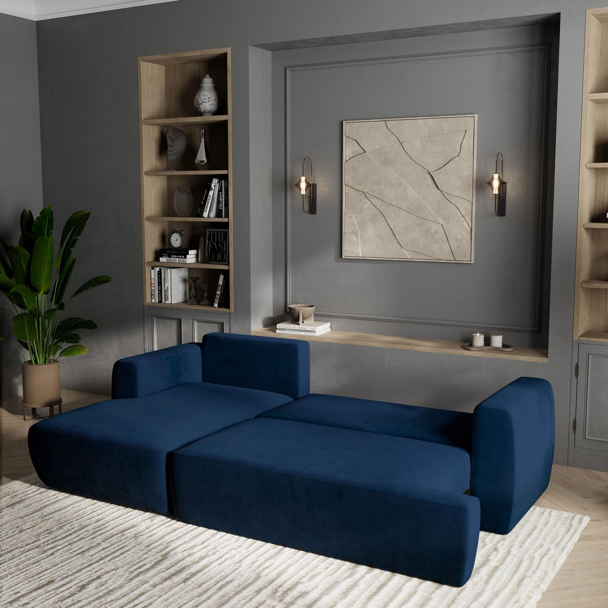 ECKSOFA SENTI K L-S Blau Plüsch-Stoff mit Schlaffunktion - Blau, Holz (246/148cm) - MASSENO