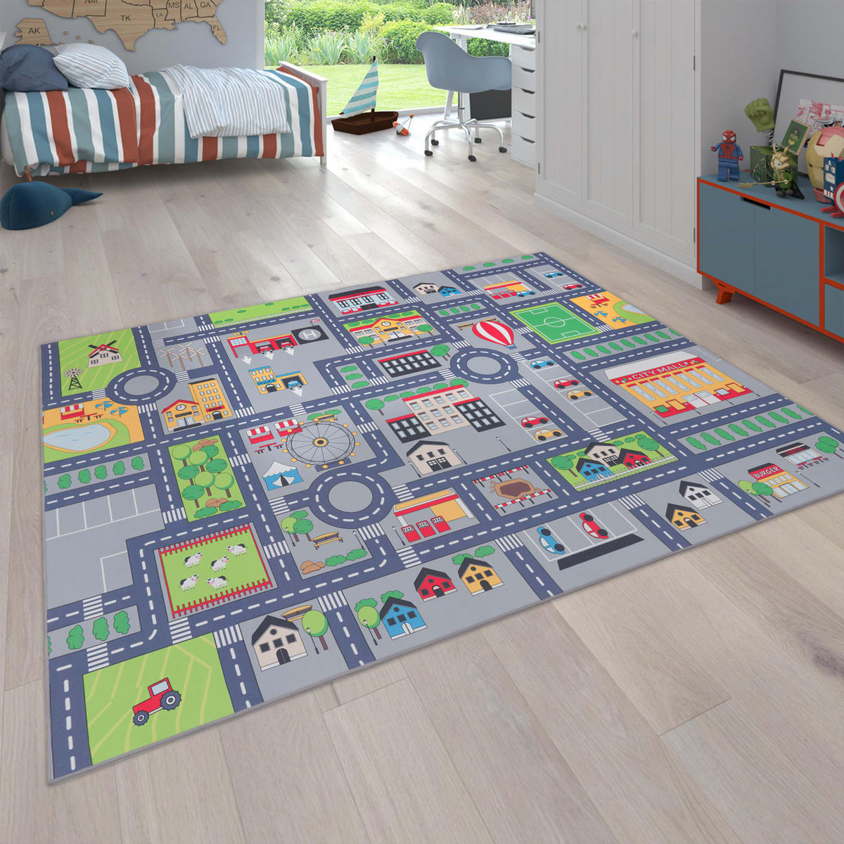 KINDERTEPPICH Waschbar, mit Dorf‑ und Bauernhofplan‑Muster, Grau, 200 x 290 cm - Grau, Textil (200/290cm) - KADIMA DESIGN