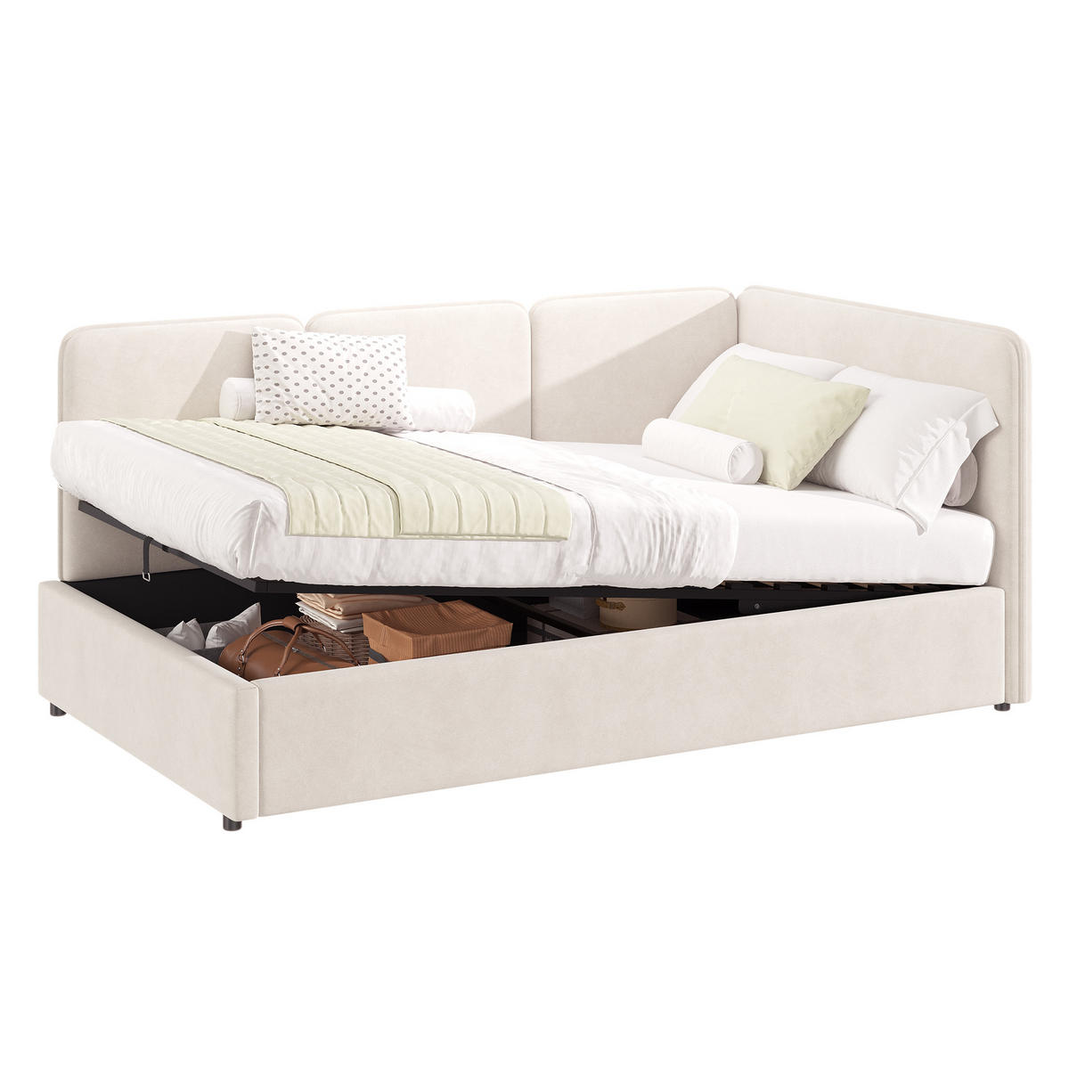 POLSTERBETT 90x200 Hydraulik Samt Beige - Beige, Textil (90/200cm) - FLIEKS