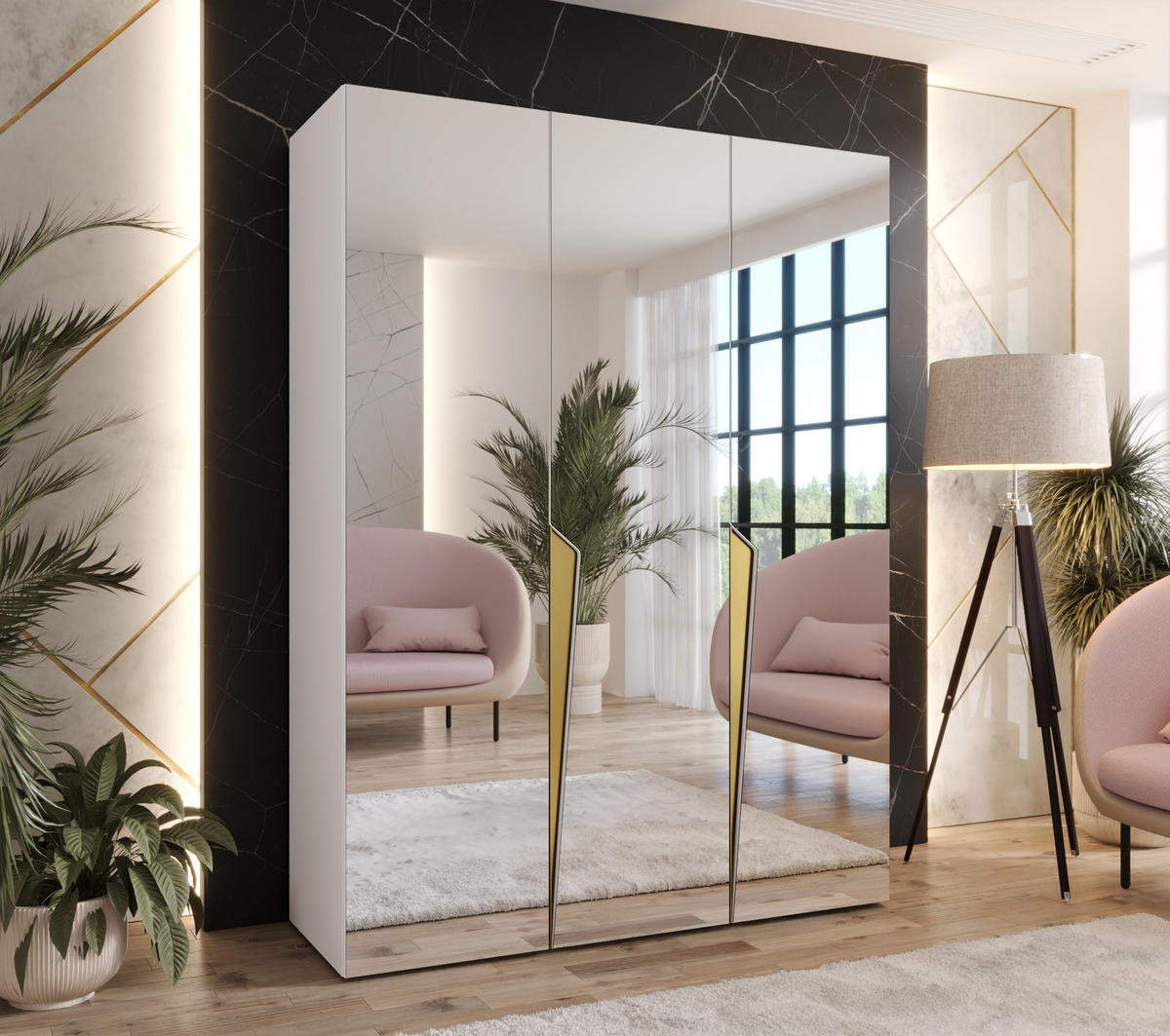 DREHTÜRENSCHRANK 202/150/52 3-türig - Goldfarben/Weiß, Holz/Metall (150/202/52cm) - Abiks Möbel