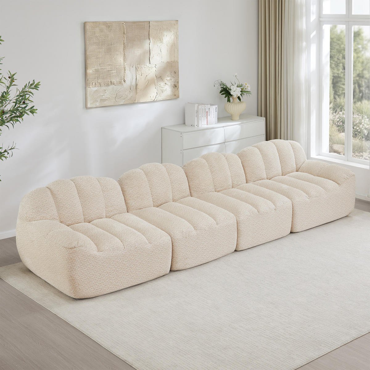 4-SITZER SOFA Granulierte Fleece Beige & Weiß - Beige, Textil (366/79/104cm) - WISHDOR