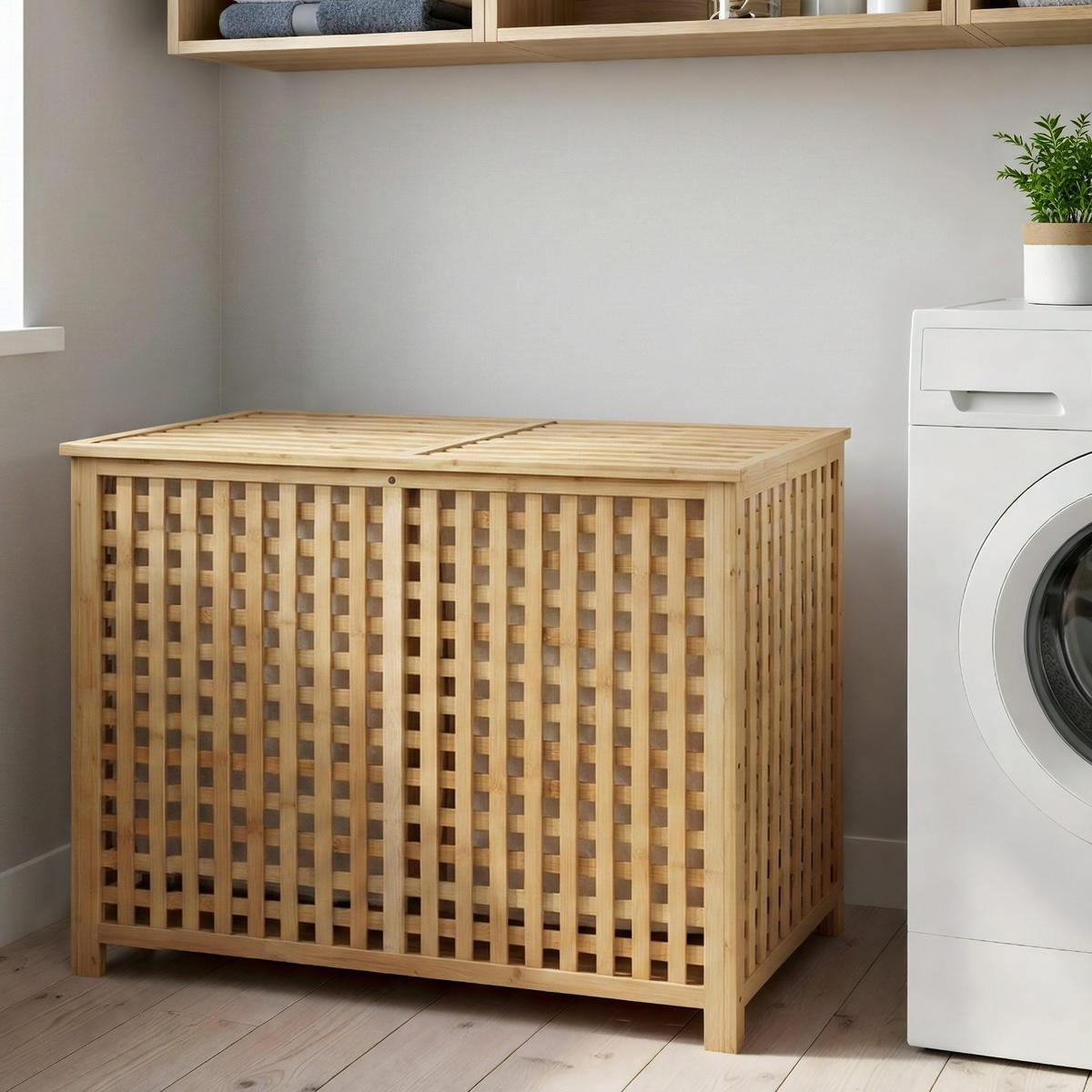 WÄSCHEBOX Hanau 2 Fächer je 95 Liter 88x46x68cm Holz Natura Wäschesammler - Naturfarben, Holz (88/68/46cm) - DELUKE