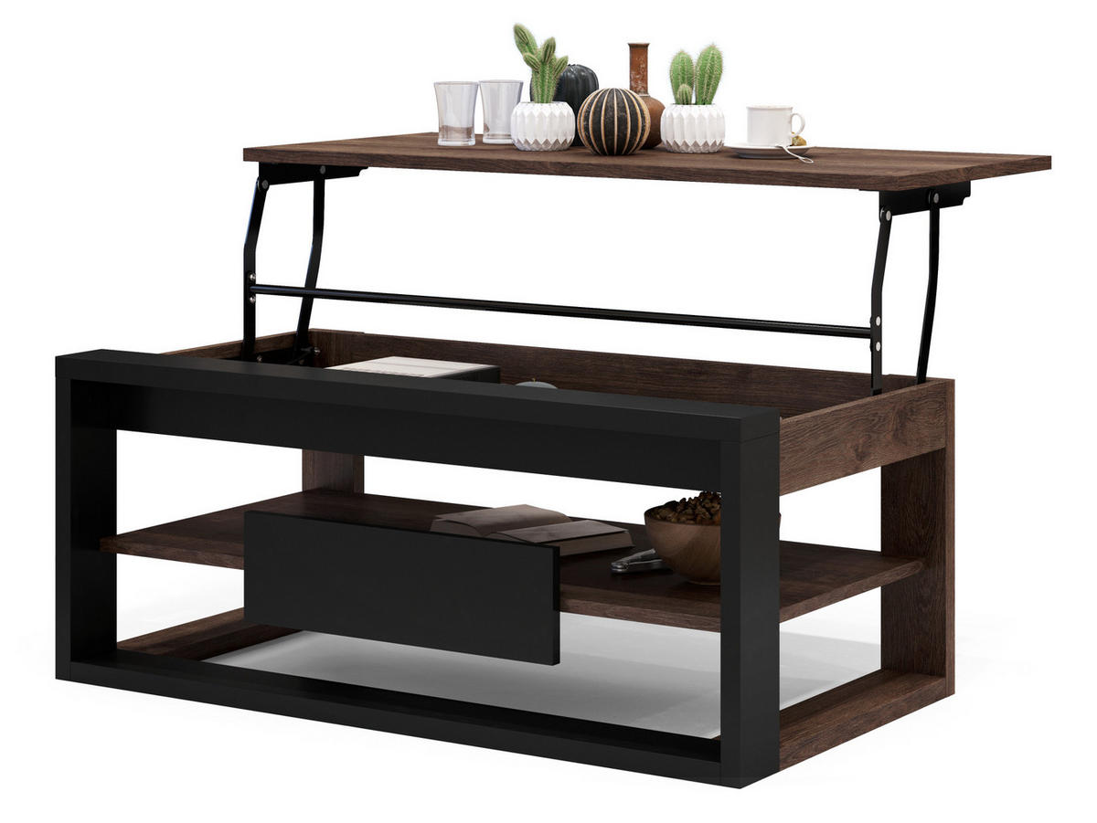 COUCHTISCH rechteckig Eiche dunkel Schwarz aufklappbar - Schwarz/Braun, Holzwerkstoff (60/110/45cm) - designimpex