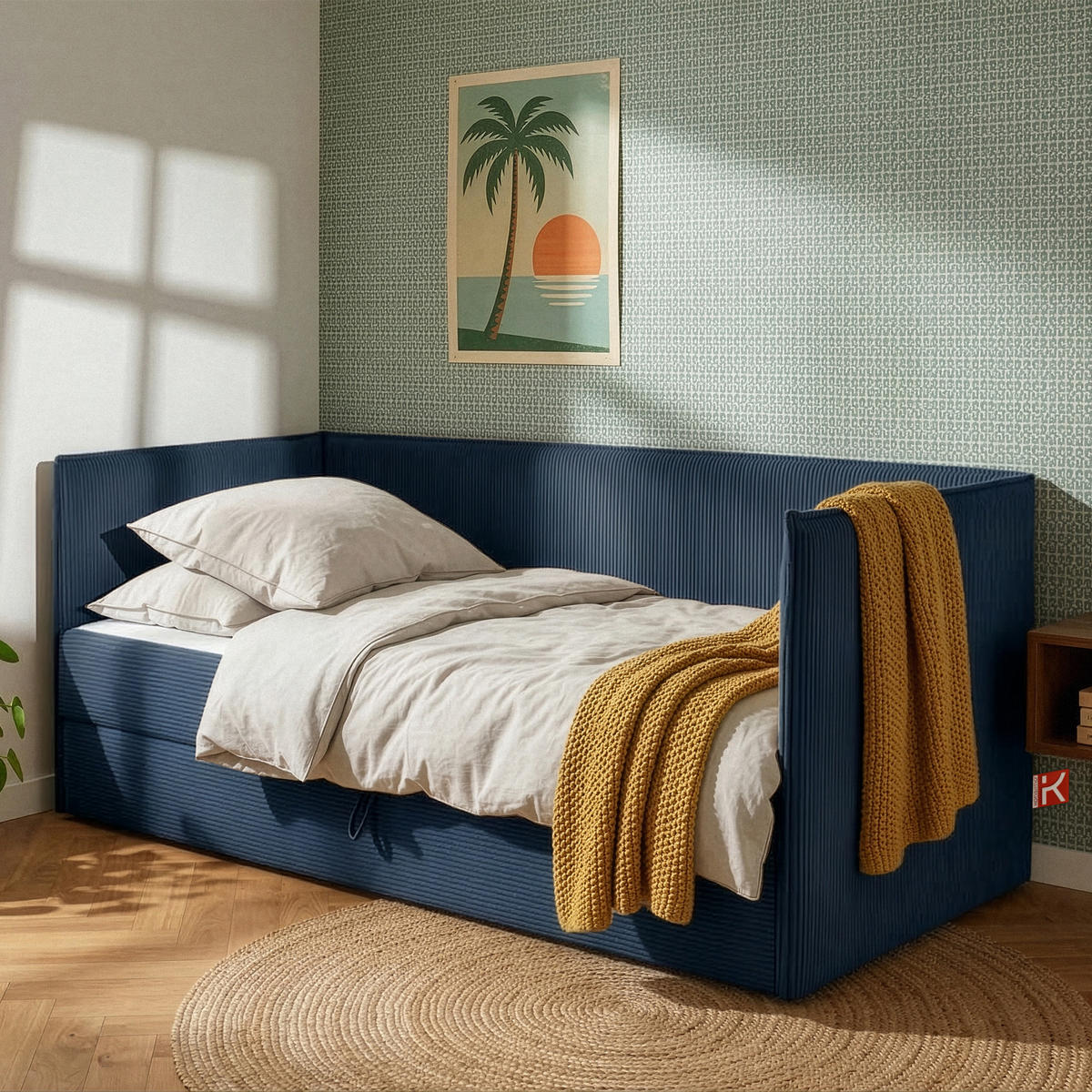 JUGENDBETT ROTI Einzelbett mit Bettkasten, 90x200cm, Bett mit Bonellmatratze, mit Rückenlehne - Schwarz/Dunkelblau, Holz/Holzwerkstoff (92/200cm) - KONSIMO®