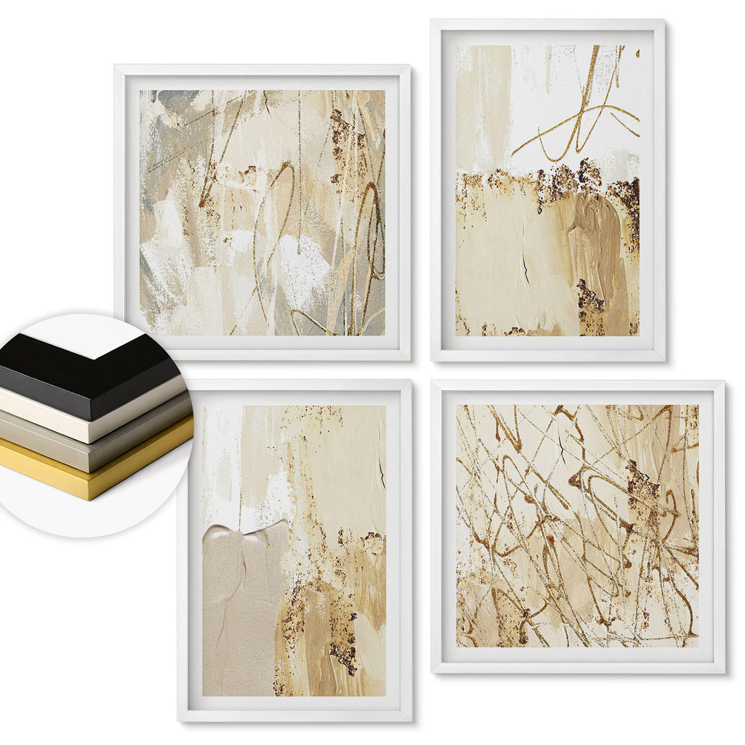 WANDBILDER 4er-Set - 50x50 cm & 40x60 cm Weißer Rahmen - Abstrakte Muster beige weiß - Weiß, Kunststoff (50/50cm) - ArtPrintCave
