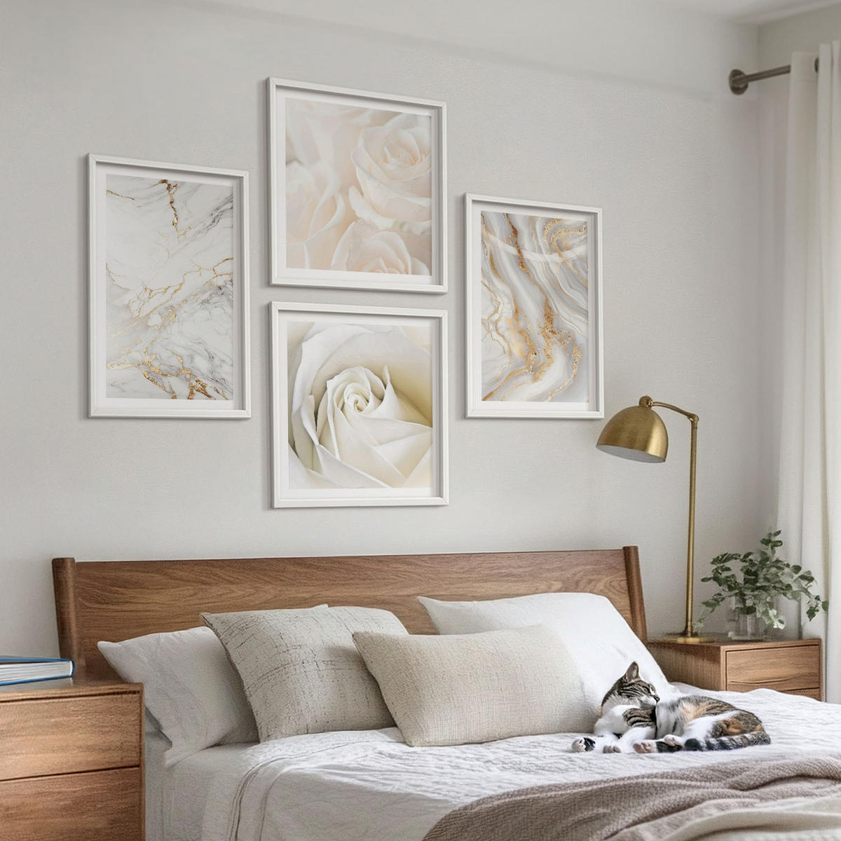 WANDBILDER 4er-Set - 50x50 cm & 40x60 cm Weißer Rahmen - Elegante Marmormuster - Weiß, Kunststoff (50/50cm) - ArtPrintCave