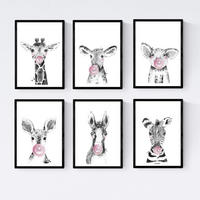 POSTER Set Mit 6 Tiere Babys Mit Kaugummi Zebra Schweinefleisch Giraffenwild Hirsch Kuhpferd A3 Schwarzer Rahmen - Schwarz, Papier (29/3cm) - Nacnic