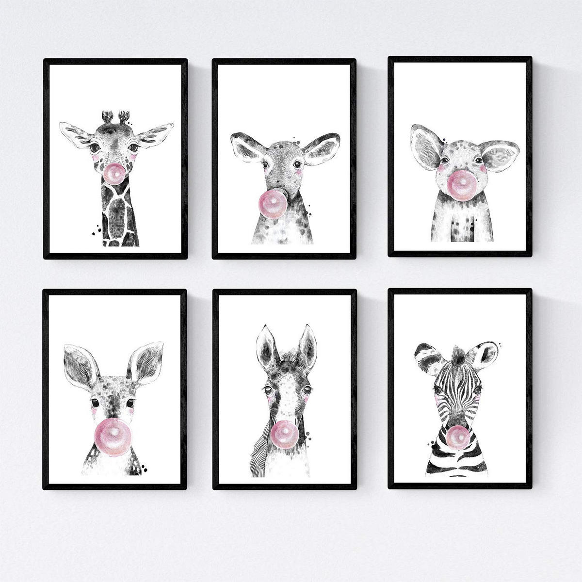 POSTER Set Mit 6 Tiere Babys Mit Kaugummi Zebra Schweinefleisch Giraffenwild Hirsch Kuhpferd A3 Schwarzer Rahmen - Schwarz, Papier (29/3cm) - Nacnic
