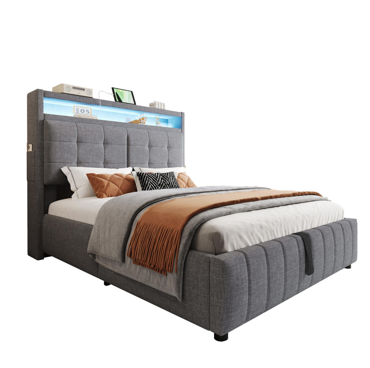 POLSTERBETT 140/200 cm Grau mit LED-Beleuchtung, USB-Anschluss und Stauraum - Grau, Textil (140/200cm) - Flora Grace