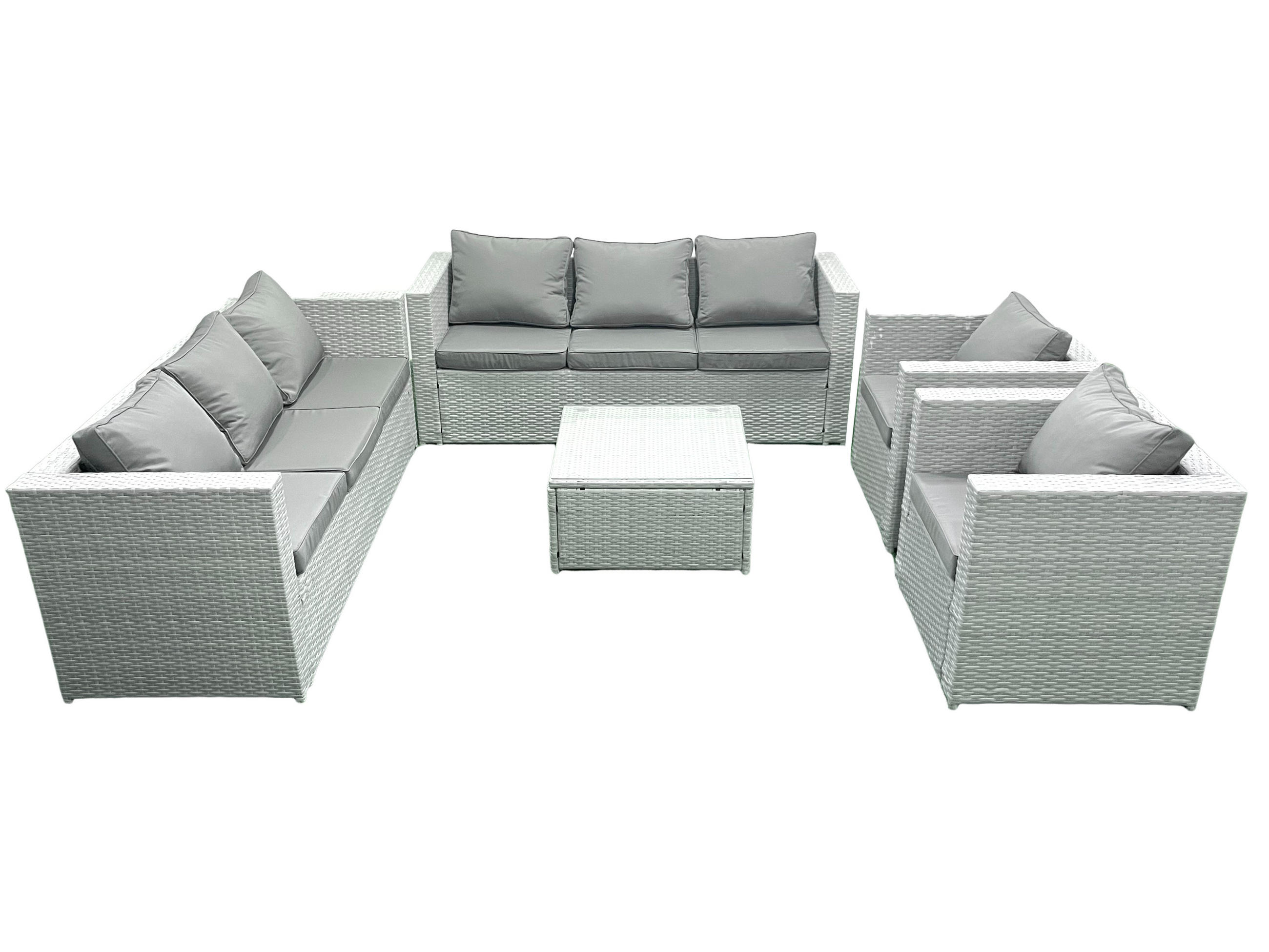 GARTENMÖBEL-SET mit Kissen Polyrattan Hellgrau-Mix 8-Sitzer - Hellgrau/Grau, Glas/Kunststoff - Fimous