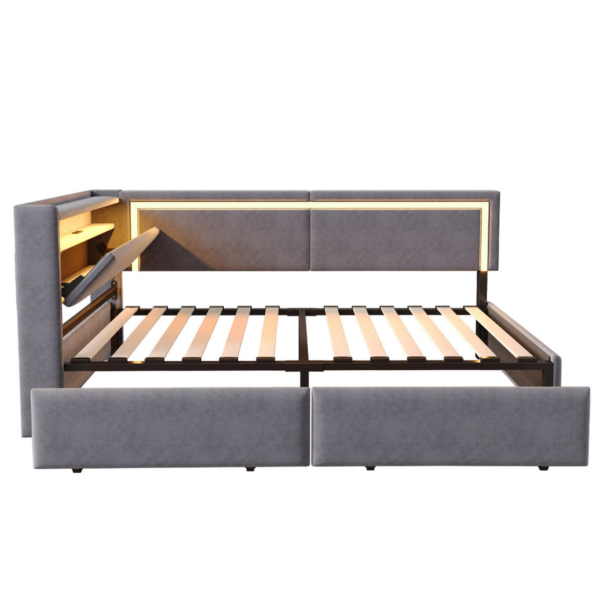 POLSTERBETT 90/200 cm aus Samt mit LED-Beleuchtung, USB-Anschlüssen und Stauraum - Dunkelgrau, Textil (90/200cm) - Flora Grace